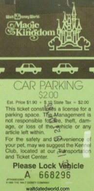 Magic Kingdom Parking Ticket 1986 Walt Disney World