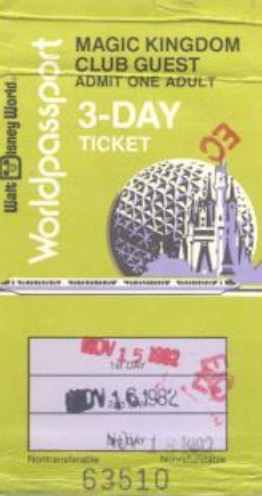 1982 3 day world passport ticket Walt Disney World