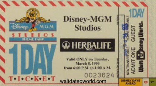 Disney MGM Studios Herbalife Ticket 1994
