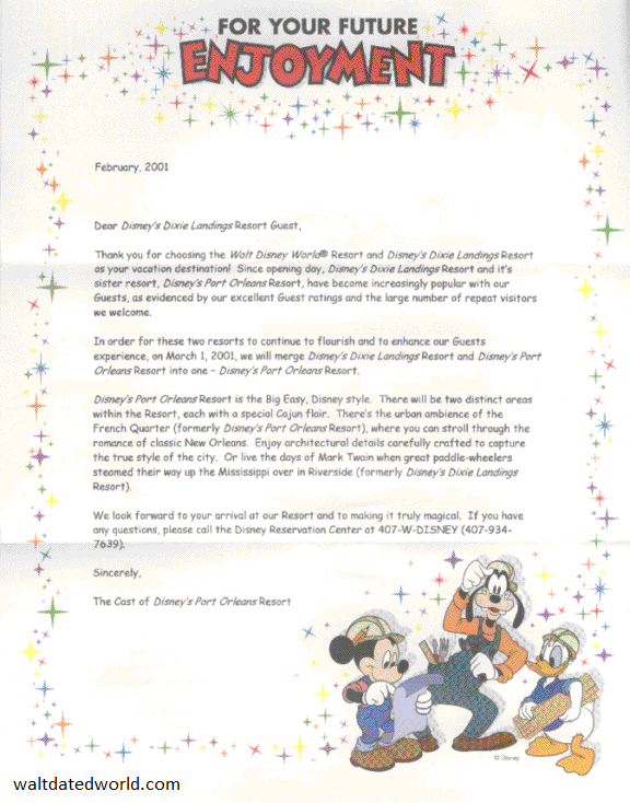 Dixie Landings Resort hotel name change letter Walt Disney World