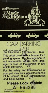 Magic Kingdom Parking Ticket 1986 Walt Disney World