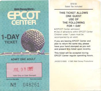 1985 Epcot ticket Walt Disney World